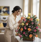 Mujer elegante admirando y tocando delicadamente un Arreglo DONNIA, una cesta grande con 34 rosas de colores variados (amaril
