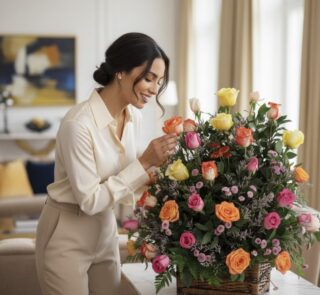Mujer elegante admirando y tocando delicadamente un Arreglo DONNIA, una cesta grande con 34 rosas de colores variados (amaril