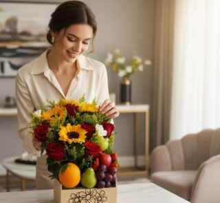 Mujer elegante y sonriente admira un arreglo floral ADRIANO con rosas rojas, girasoles y frutas frescas en un lujoso hogar.