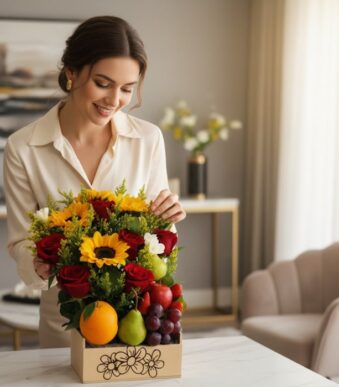 Mujer elegante y sonriente admira un arreglo floral ADRIANO con rosas rojas, girasoles y frutas frescas en un lujoso hogar.
