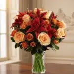 Arreglo Floral ALESSANDRA con rosas naranjas y lirios frescos en un jarrón de cristal, sobre una mesa de madera oscura con un