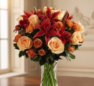 Arreglo Floral ALESSANDRA con rosas naranjas y lirios frescos en un jarrón de cristal, sobre una mesa de madera oscura con un