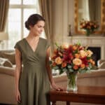 Mujer elegante admirando un arreglo floral ALESSANDRA con rosas naranjas, lirios rojos y eucalipto en un jarrón de cristal, s