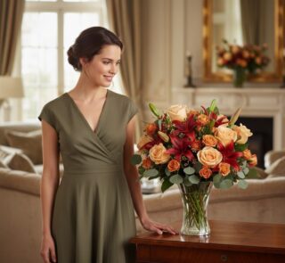 Mujer elegante admirando un arreglo floral ALESSANDRA con rosas naranjas, lirios rojos y eucalipto en un jarrón de cristal, s