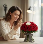 Mujer sonriente admirando el Arreglo Floral ALESSIA con 23 rosas rojas y 1 rosa blanca, atado con un moño gris, en un interio
