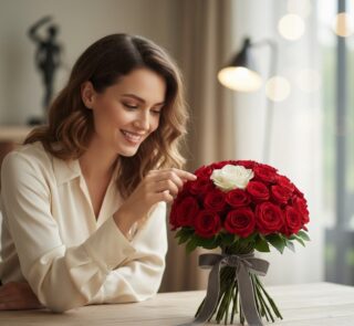 Mujer sonriente admirando el Arreglo Floral ALESSIA con 23 rosas rojas y 1 rosa blanca, atado con un moño gris, en un interio