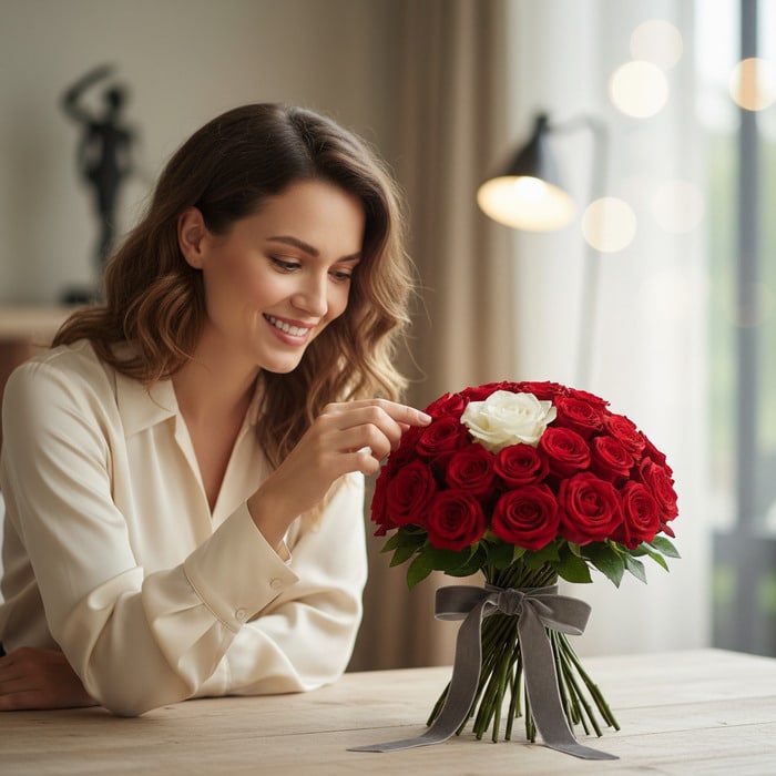 Mujer sonriente admirando el Arreglo Floral ALESSIA con 23 rosas rojas y 1 rosa blanca, atado con un moño gris, en un interio