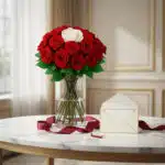 Arreglo floral ALESSIA con 23 rosas rojas y 1 rosa blanca central en jarrón de cristal, sobre mesa de mármol con tarjeta de r