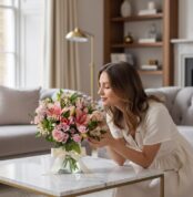 Mujer joven admirando y oliendo un arreglo floral ANNA de rosas rosadas y lirios en un jarrón con moño, sobre una mesa de már