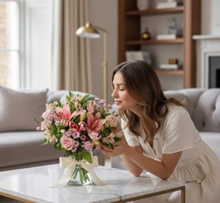 Mujer joven admirando y oliendo un arreglo floral ANNA de rosas rosadas y lirios en un jarrón con moño, sobre una mesa de már