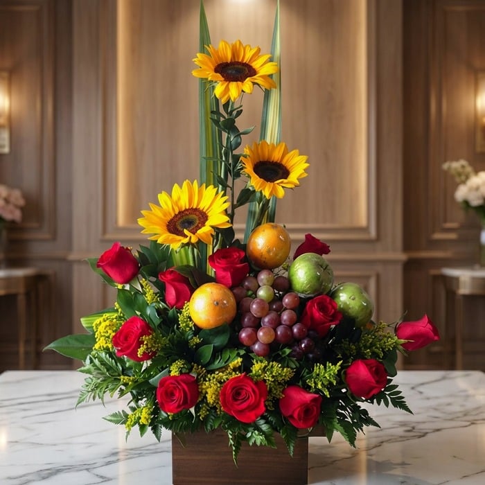 Arreglo floral Batista con rosas rojas, girasoles vibrantes, uvas, naranjas y manzanas verdes, sobre una mesa de mármol en un