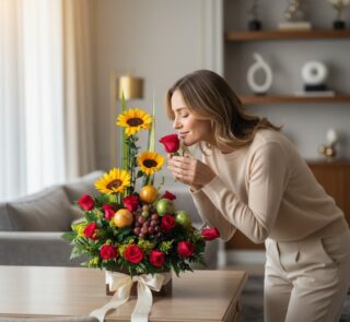 Mujer elegante oliendo una rosa roja de un Arreglo Floral Batista con girasoles, rosas y frutas frescas en un lujoso salón.