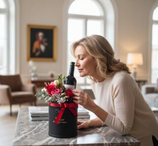 Mujer elegante admirando un arreglo floral BENTO con rosas rojas y rosadas, y una botella de vino, en un lujoso interior.