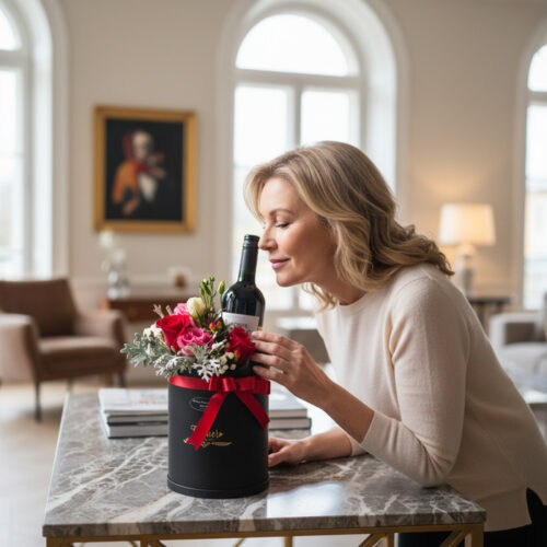 Mujer elegante admirando un arreglo floral BENTO con rosas rojas y rosadas, y una botella de vino, en un lujoso interior.