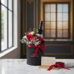 Arreglo floral BENTO con rosas rojas y rosadas, follaje verde, y una botella de vino tinto en una caja negra cilíndrica con c