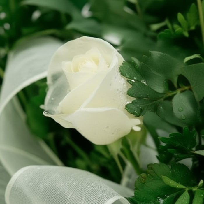 Primer plano extremo de una rosa blanca pura con delicadas gotas de rocío en sus pétalos y hojas verdes, resaltando su frescu