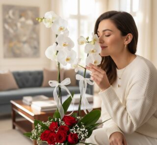 Mujer elegante admirando y oliendo el Arreglo Floral BRIANA con orquídeas blancas y rosas rojas en un hogar lujoso.