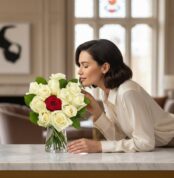 Mujer elegante oliendo un arreglo floral CARLA con 11 rosas blancas y 1 rosa roja en jarrón de cristal, sobre una mesa de már