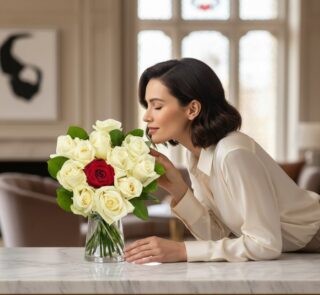 Mujer elegante oliendo un arreglo floral CARLA con 11 rosas blancas y 1 rosa roja en jarrón de cristal, sobre una mesa de már