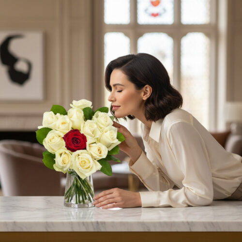 Mujer elegante oliendo un arreglo floral CARLA con 11 rosas blancas y 1 rosa roja en jarrón de cristal, sobre una mesa de már