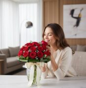 Mujer joven y elegante sonriendo, oliendo un Arreglo Floral DOMENICA con 30 rosas rojas frescas en un jarrón de cristal, sobr