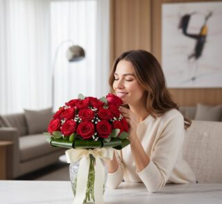 Mujer joven y elegante sonriendo, oliendo un Arreglo Floral DOMENICA con 30 rosas rojas frescas en un jarrón de cristal, sobr