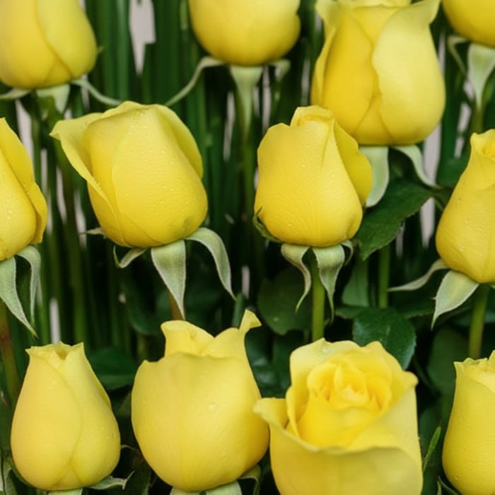 Primer plano extremo de rosas amarillas frescas con gotas de rocío, mostrando textura hiperrealista y colores vibrantes bajo