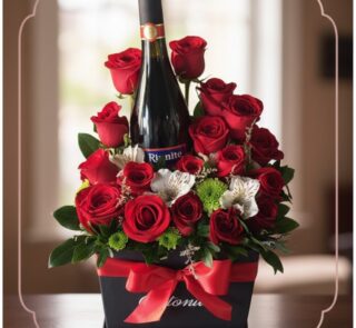 Arreglo floral ENNIO con rosas rojas vibrantes, alstroemerias blancas y vino tinto, presentado en caja negra con lazo rojo.