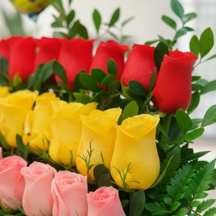 Primer plano extremo de un Arreglo Floral Escala con rosas rojas, amarillas y rosadas, mostrando texturas hiperrealistas y su