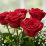 Primer plano extremo de un Arreglo Floral Escarlata con rosas rojas vibrantes, pétalos con gotas de rocío y hojas verdes fres