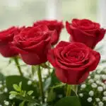 Primer plano extremo de un Arreglo Floral Escarlata con rosas rojas vibrantes, pétalos con gotas de rocío y hojas verdes fres