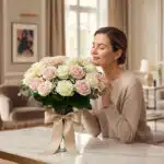 Mujer elegante y natural admirando y oliendo el Arreglo Floral Evelin, compuesto por 22 rosas blancas y rosadas, en un jarrón