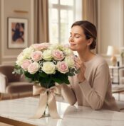 Mujer elegante y natural admirando y oliendo el Arreglo Floral Evelin, compuesto por 22 rosas blancas y rosadas, en un jarrón