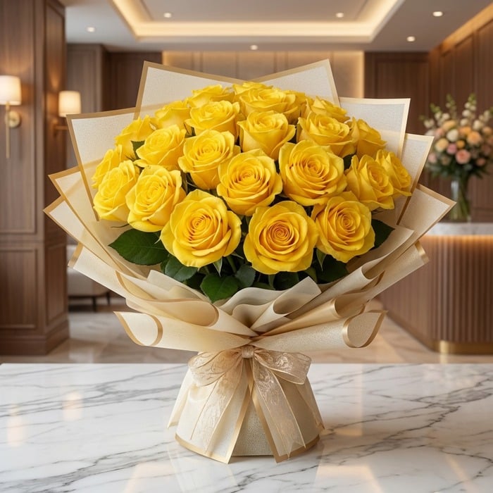 Arreglo floral Evelina con 24 rosas amarillas vibrantes, empaque coreano dorado y lazo, sobre mesa de mármol en un lobby de h