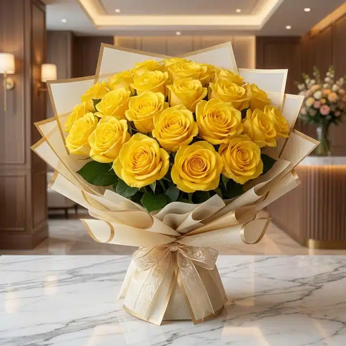 Arreglo Floral Evelina: 24 Rosas Amarillas en Empaque Coreano Elegante Arreglo floral Evelina con 24 rosas amarillas vibrantes, empaque coreano dorado y lazo, sobre mesa de mármol en un lobby de h