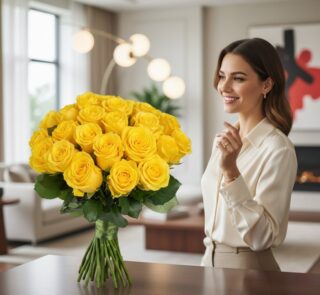 Mujer elegante admirando el Arreglo Floral Evelina, un ramo de 24 rosas amarillas vibrantes en un entorno de hogar lujoso y d