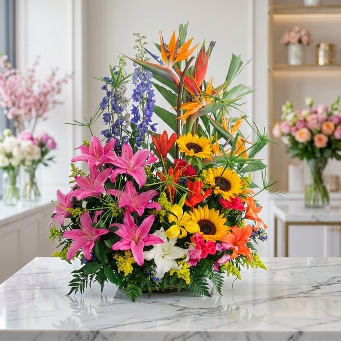 Arreglo Floral Exótico Armonía: Lirios, Girasoles y Aves del Paraíso Arreglo floral exótico Armonía con lirios rosados, girasoles vibrantes y aves del paraíso, sobre una superficie de mármol en