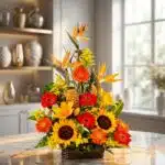 Arreglo floral exótico Columba con aves del paraíso, girasoles, gerberas y flores amarillas en cesta de mimbre sobre mármol.