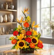 Arreglo floral exótico Columba con aves del paraíso, girasoles, gerberas y flores amarillas en cesta de mimbre sobre mármol.