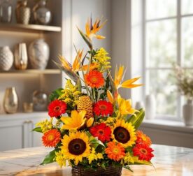 Arreglo floral exótico Columba con aves del paraíso, girasoles, gerberas y flores amarillas en cesta de mimbre sobre mármol.