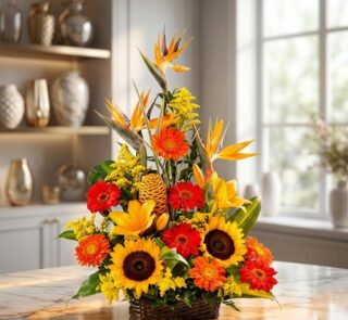 Arreglo floral exótico Columba con aves del paraíso, girasoles, gerberas y flores amarillas en cesta de mimbre sobre mármol.