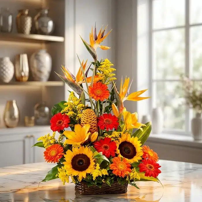 Arreglo Floral Exótico Columba: Belleza Tropical para tu Hogar Arreglo floral exótico Columba con aves del paraíso, girasoles, gerberas y flores amarillas en cesta de mimbre sobre mármol.