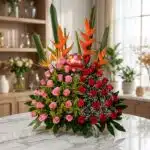 Impresionante arreglo floral exótico con rosas rojas y rosadas vibrantes, aves del paraíso y follaje exuberante, sobre una su