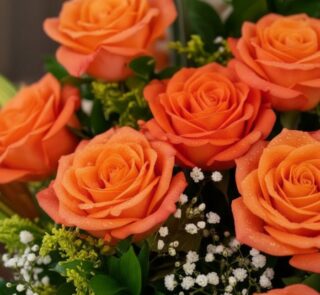 Primer plano extremo de un arreglo floral con rosas naranjas vibrantes, gotas de rocío sutiles y follaje verde, destacando la