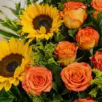 Primer plano extremo de un arreglo floral exótico con girasoles amarillos y rosas naranjas, mostrando texturas hiperrealistas