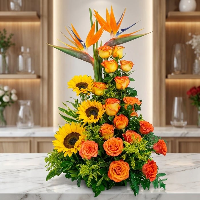 Arreglo floral exótico Intocable con aves del paraíso, rosas naranjas y girasoles, sobre mármol en floristería premium.