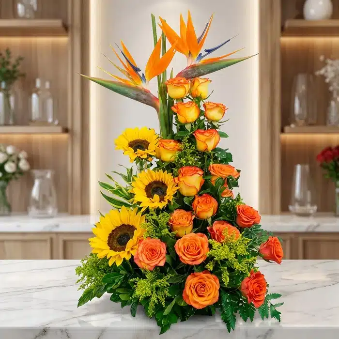 Arreglo Floral Exótico Intocable: Lujo y Belleza para Tu Hogar Arreglo floral exótico Intocable con aves del paraíso, rosas naranjas y girasoles, sobre mármol en floristería premium.