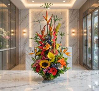 Arreglo floral exótico Mi Flechazo con aves del paraíso, girasoles, calas y follaje vibrante sobre una superficie de mármol e