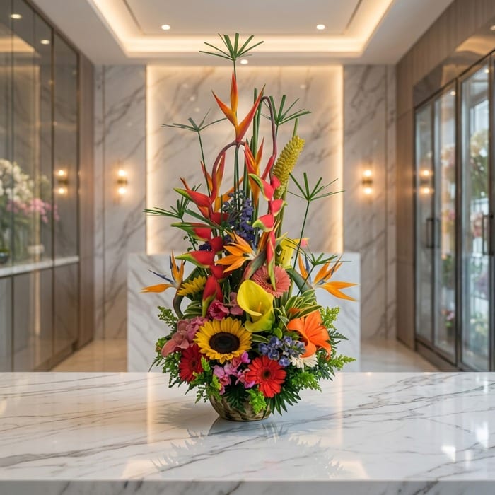 Arreglo floral exótico Mi Flechazo con aves del paraíso, girasoles, calas y follaje vibrante sobre una superficie de mármol e