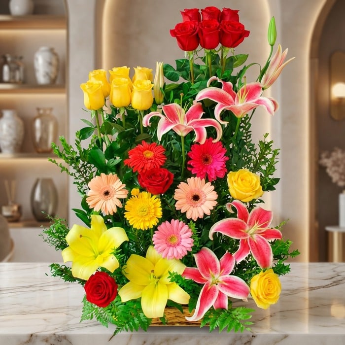 Arreglo floral exótico Paraíso con lirios rosados, rosas rojas y amarillas, y gerberas de varios colores, sobre una superfici